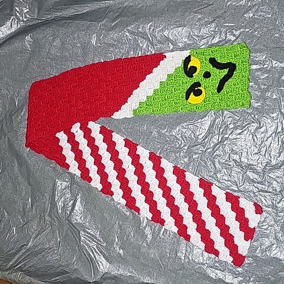 Hand Crafted Accessories - Home Made Hand Crafted Crochet Corner to Corner Grinch Scarf New red green white